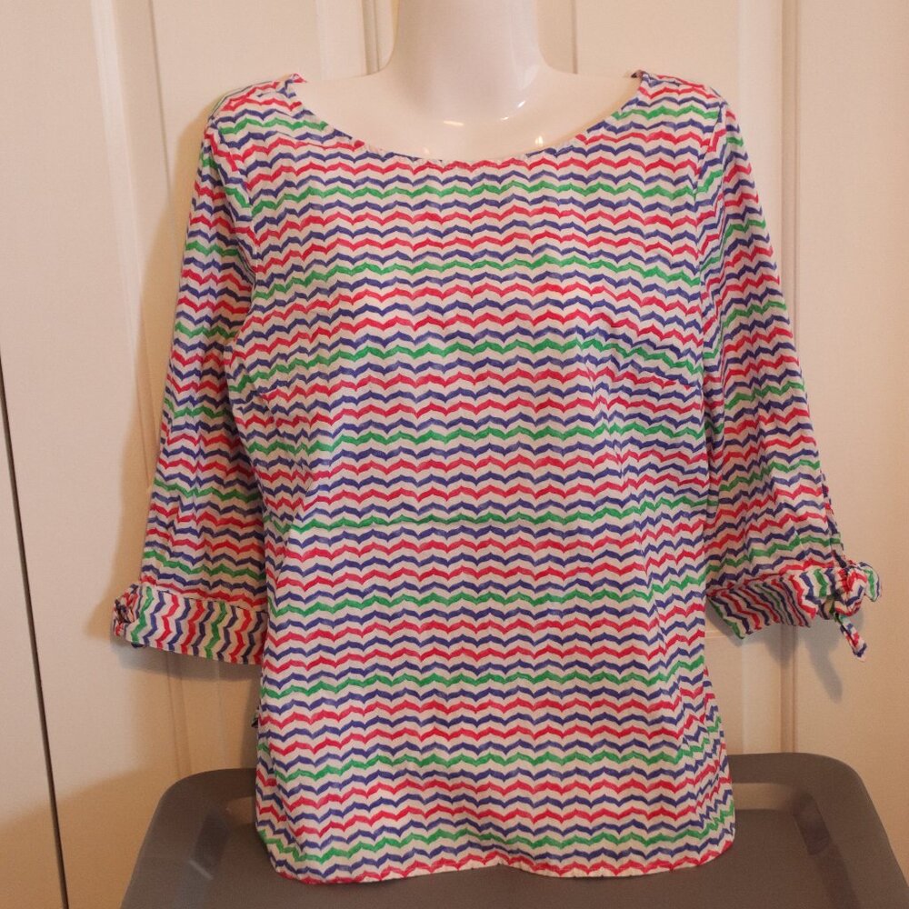 Talbots Petite Large Chevron Blue/Green/Pink Stripe Blouse Tie Sleeve Cotton